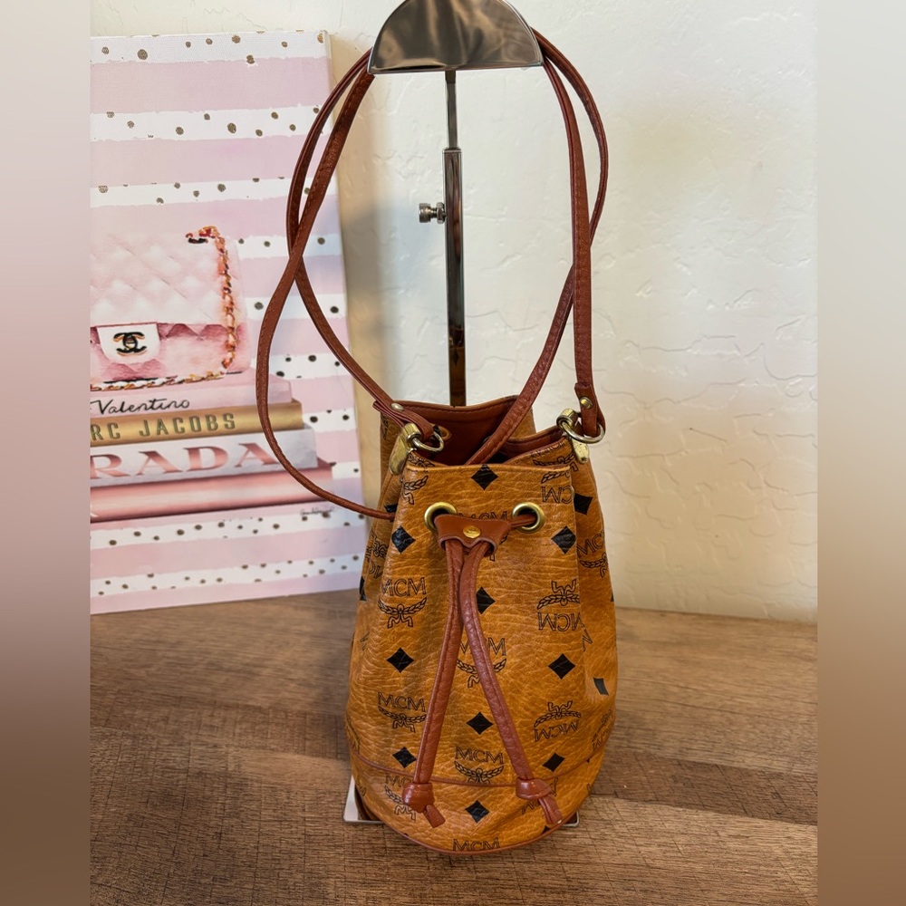MCM Mini Cognac Monogram Visetos Drawstring Crossbody